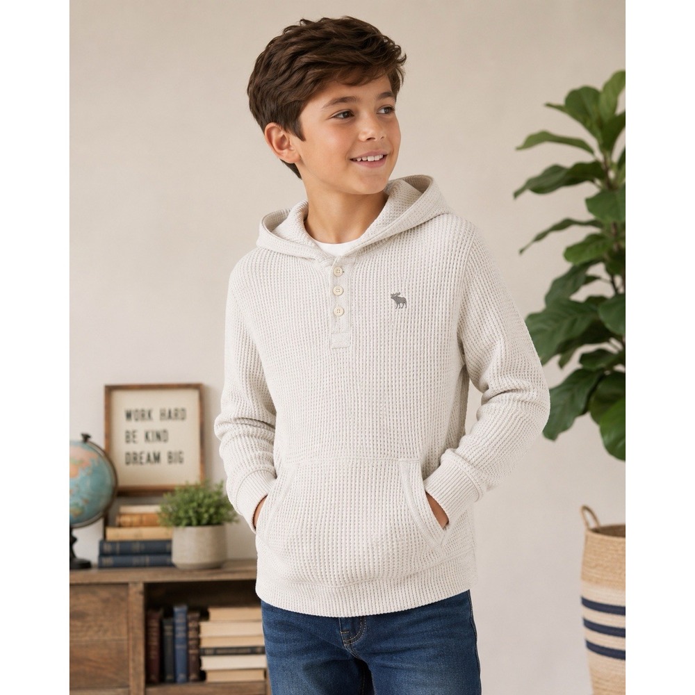Abercrombie Kids Boys Relaxed Waffle Knit Thermal Hoodie Pullover Beige Sz 9/10